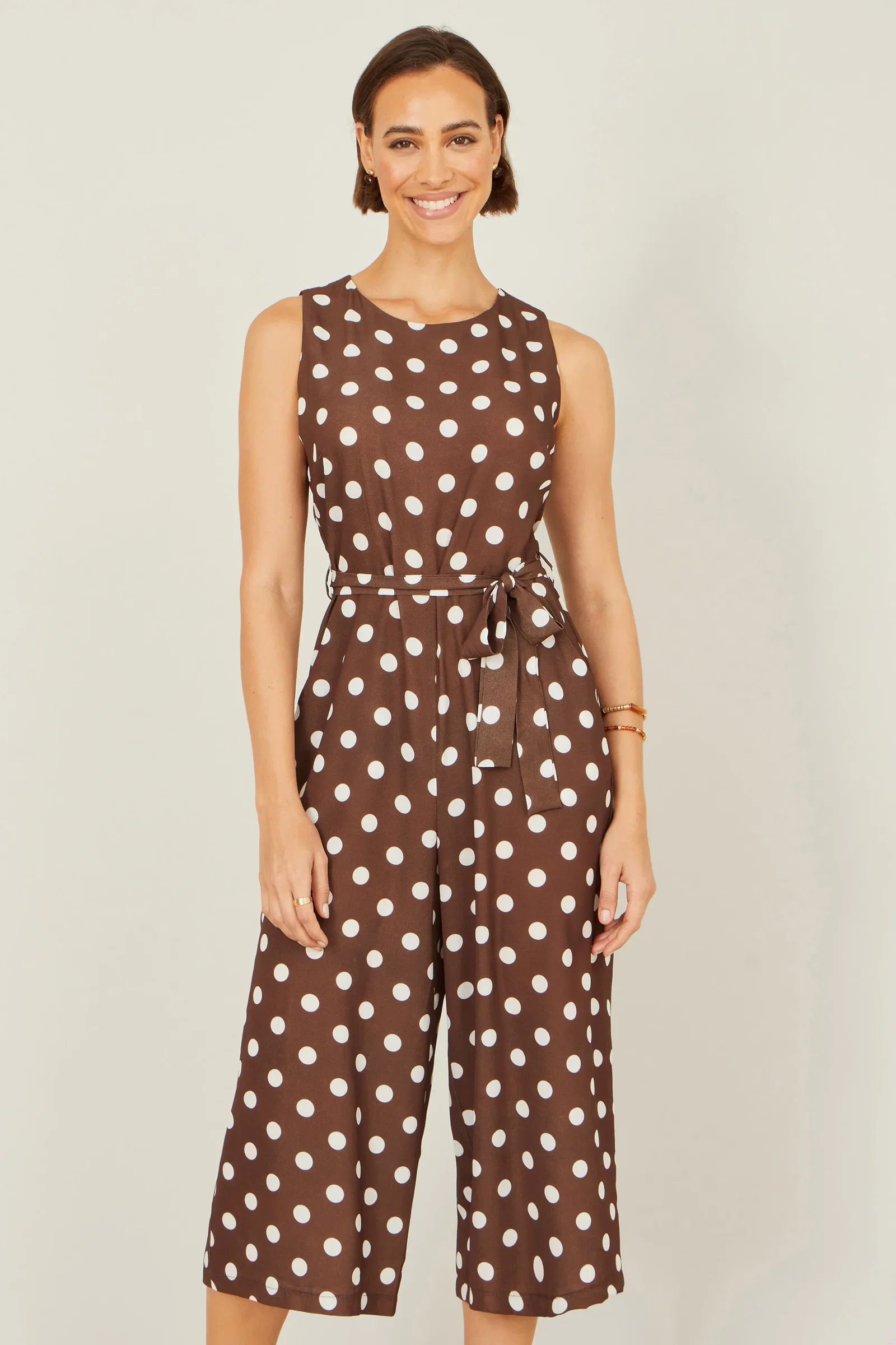 Yumi Brown Polka Dot Culotte Jumpsuit