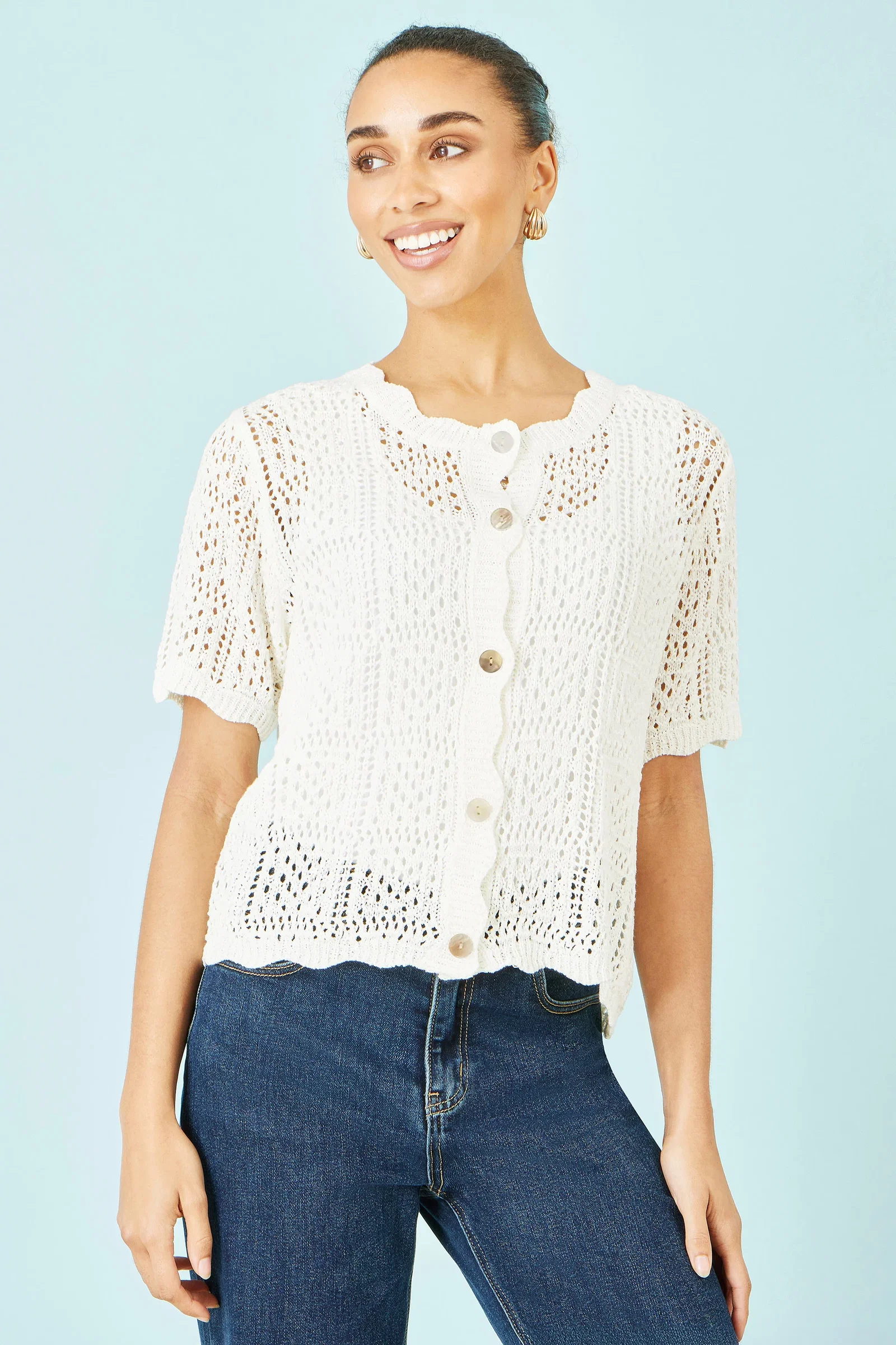 Yumi White Crochet Short Sleeve Cardigan