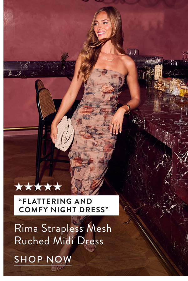Rima Strapless Mesh Ruched Midi Dress