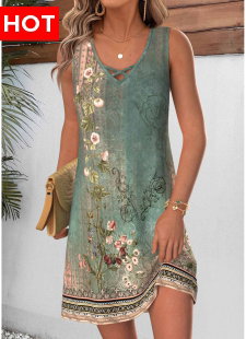 Sage Green Floral Print Short Tummy Coverage Sleeveless Dress