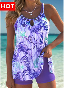 Tummy Coverage Mid Waisted Marine Life Print Tankini Set