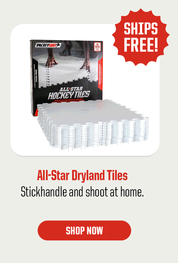 Product Block 2: All-Star Dryland Tiles. Stickhandle and shoot at home. Sticker: Ships Free! CTA: Shop Now