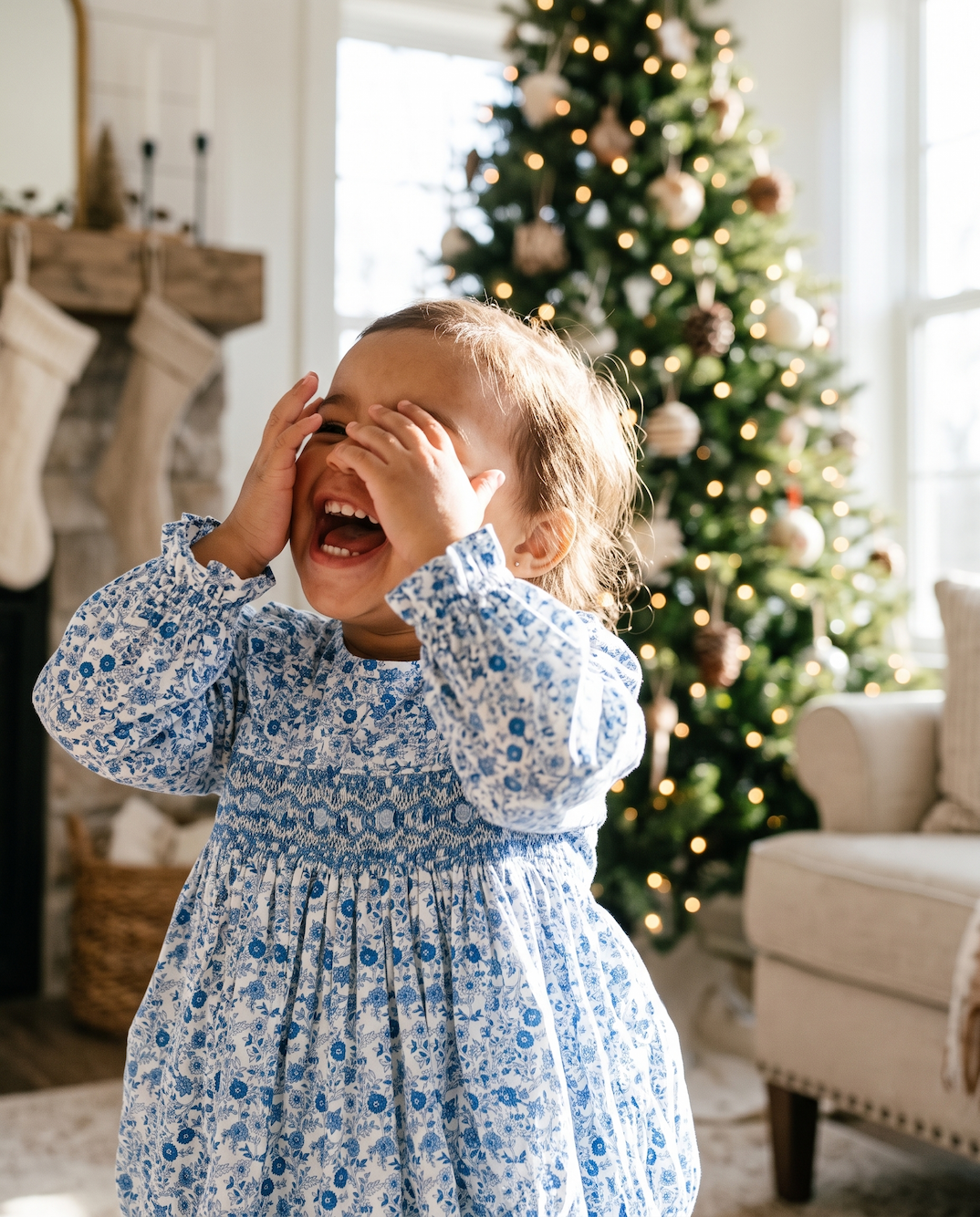 Winter Blue Floral Smocked Bubble
