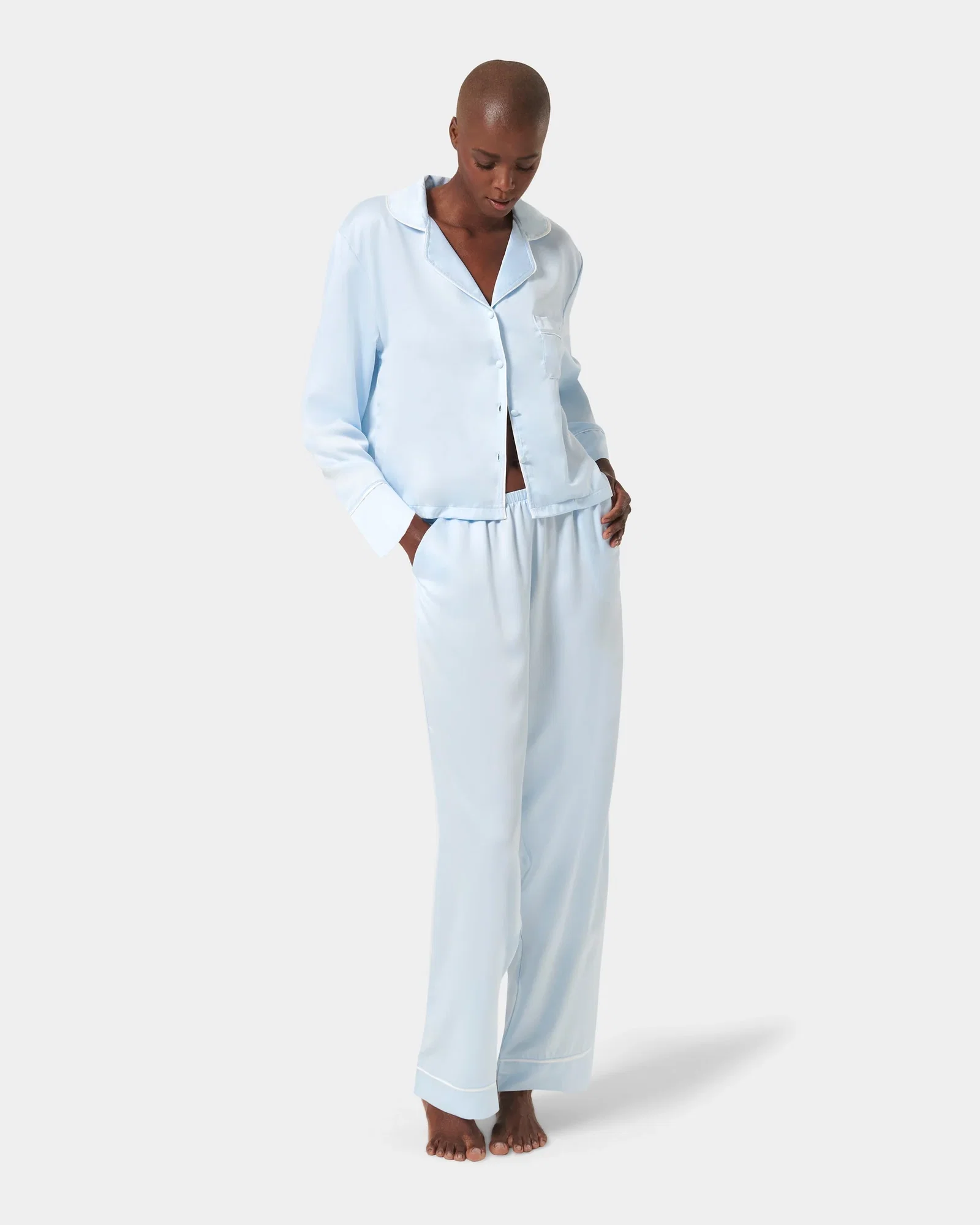 Image of Sara Luxury Satin Long Set Ice Water Blue/White