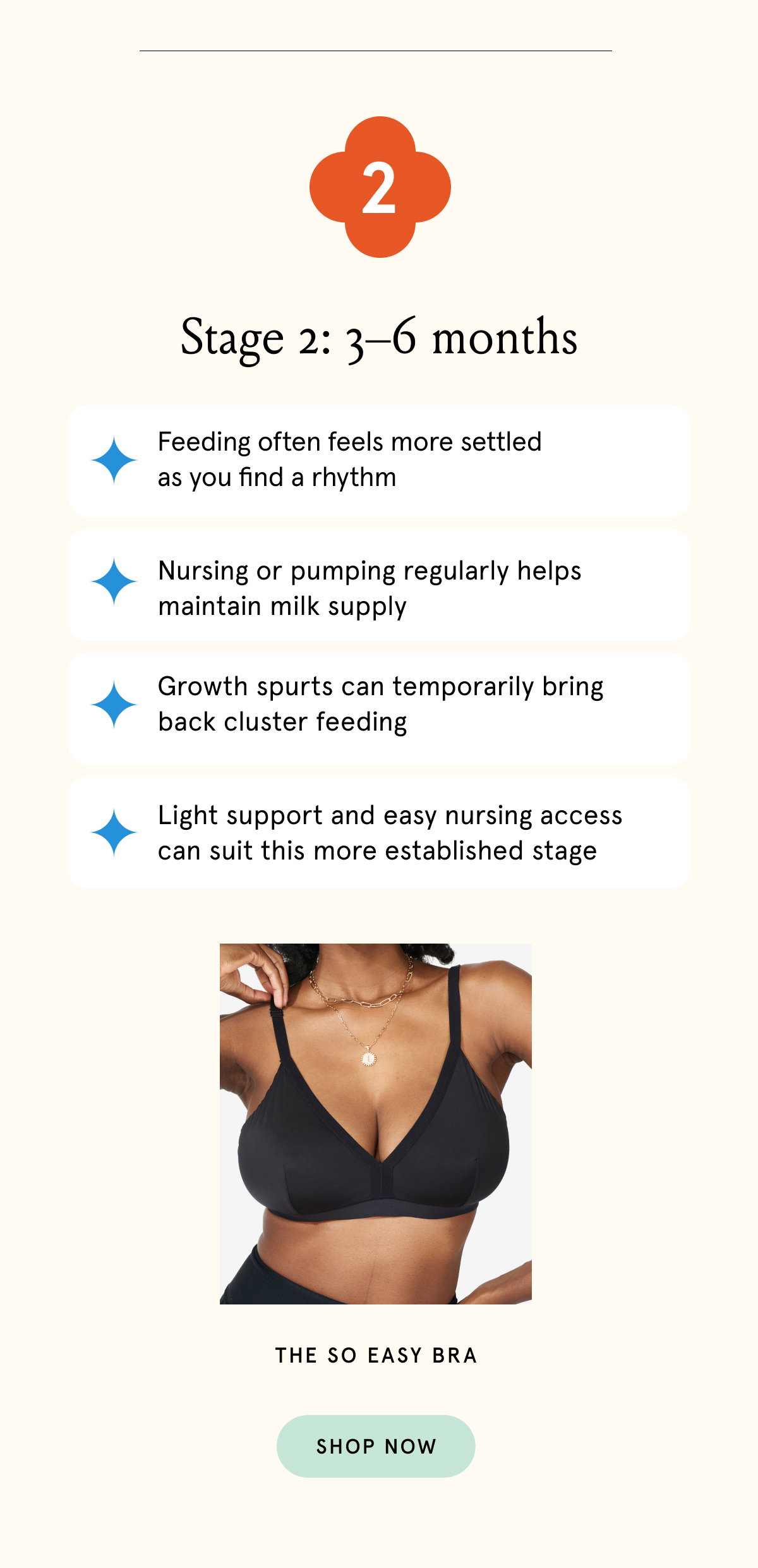 Stage 2: 3-6 months. Feeding often feels more settled as you find a rhythm. Nursing or pumping regularly helps maintain milk supply. Growth spurts can temporarily bring back cluster feeding. Light support and easy nursing access can suit this more established stage. 