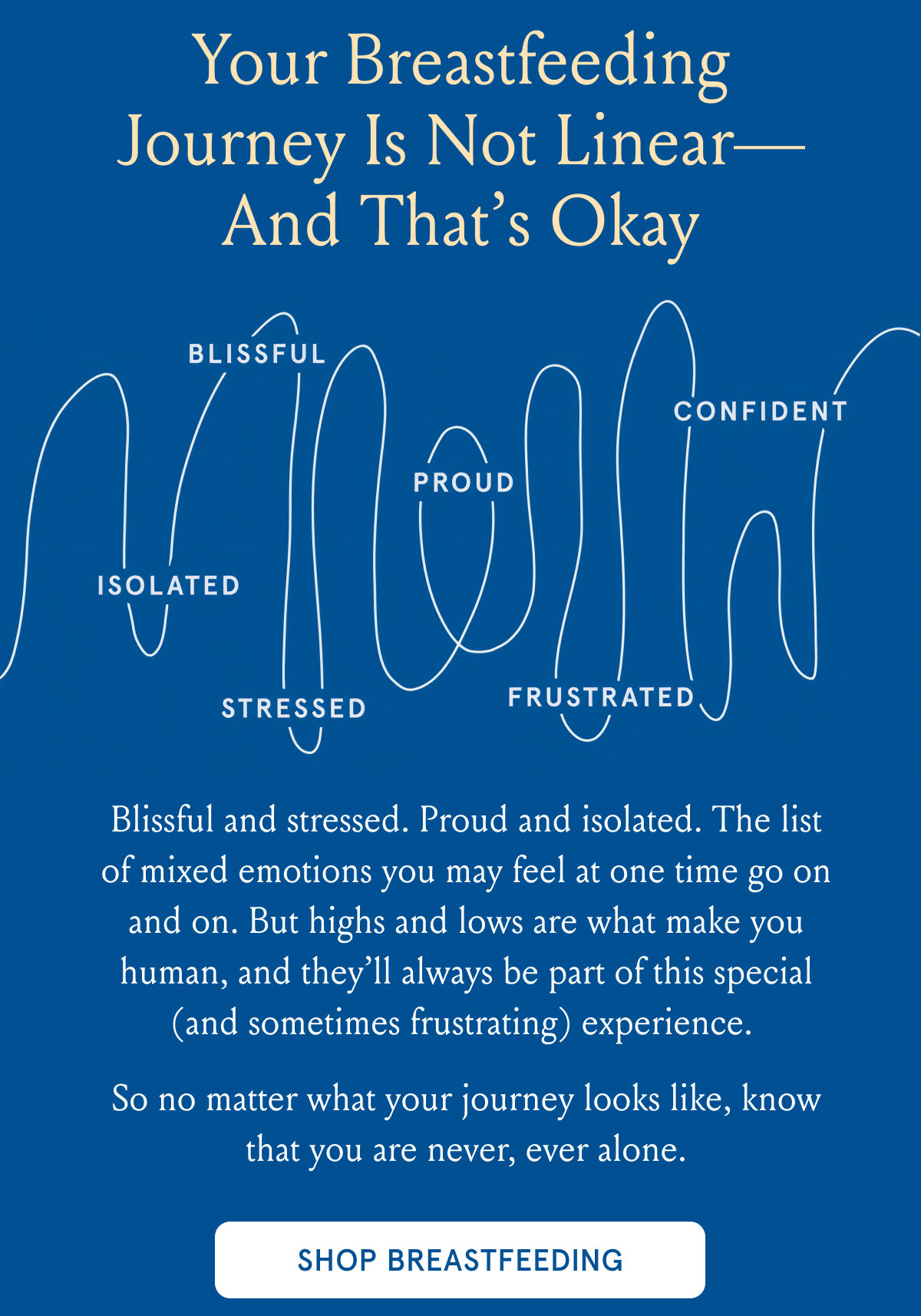 Your Breastfeeding Journey is Not Linear—And That’s Okay | Blissful and stressed. Proud and isolated. The list of mixed emotions you may feel at one time go on and on. But highs and lows are what make you human, and they’ll always be part of this special (and sometimes frustrating) experience. |So no matter what your journey looks like, know that you are never, ever alone. | SHOP BREASTFEEDING