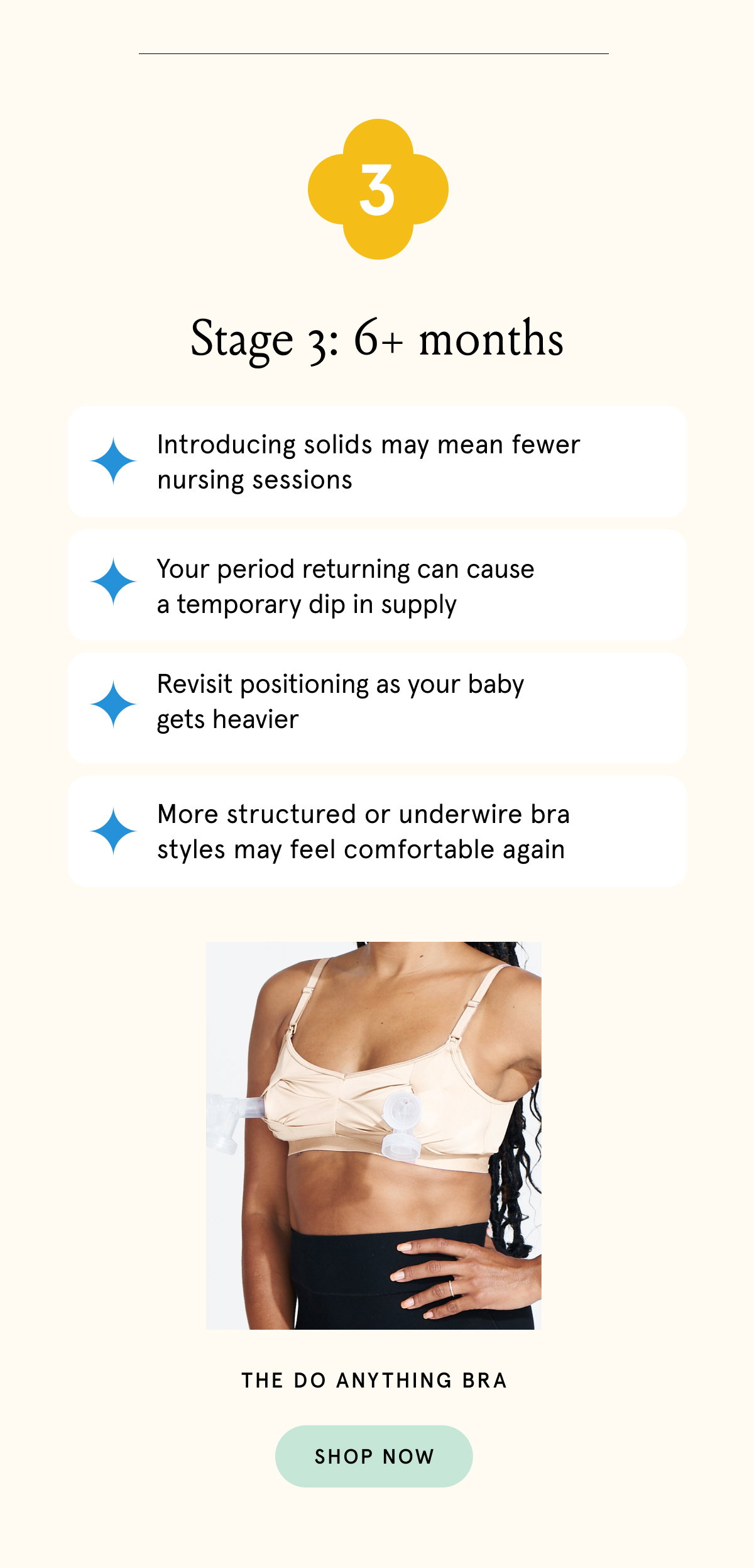Stage 3: 6+ months. Introducing solids may mean fewer nursing sessions. Your period returning can cause a temporary dip in supply. Revisit positioning as your baby gets heavier. More structured or underwire bra styles may feel comfortable again.