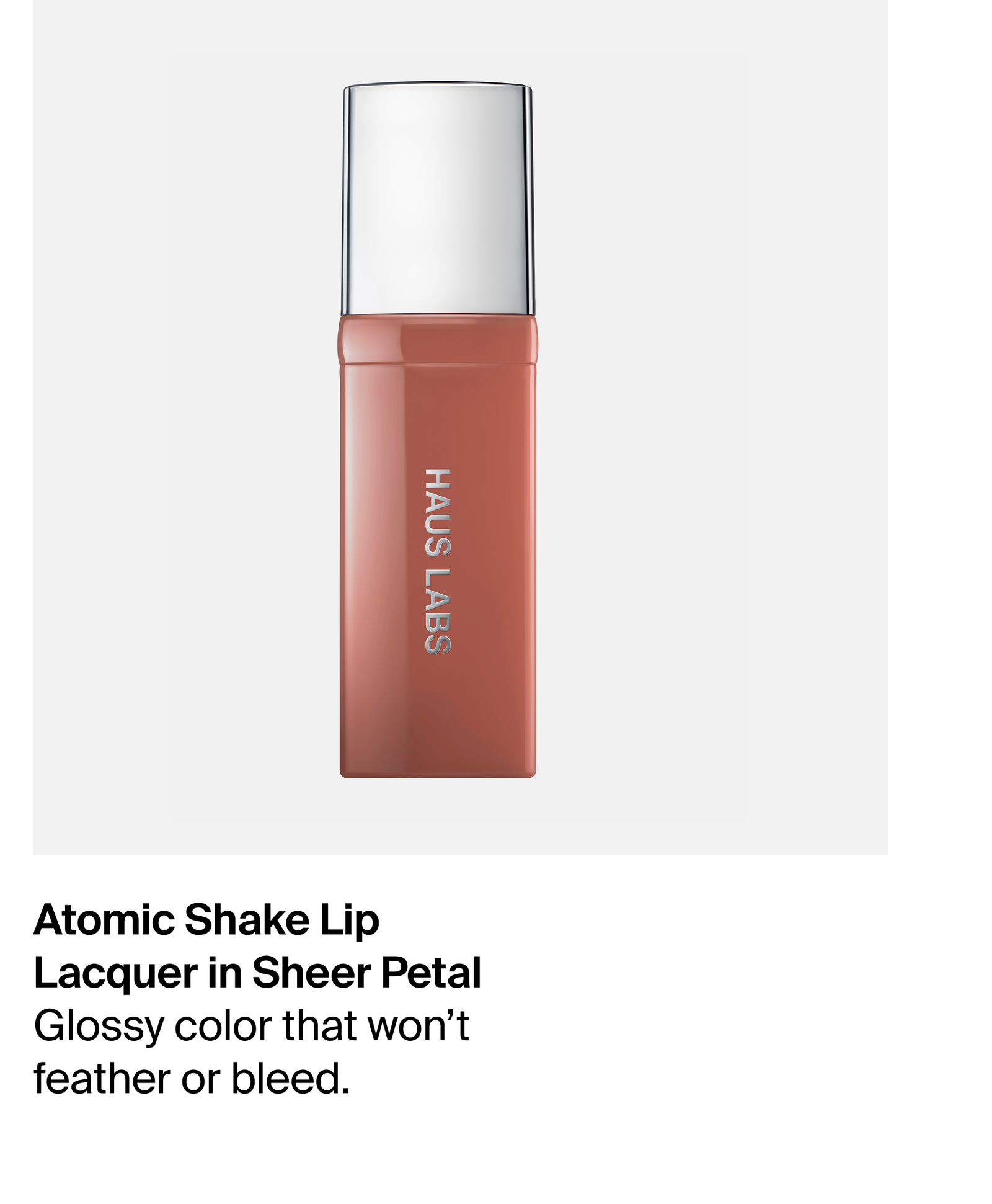 Atomic Shake Lip Lacquer in Sheer Petal. Glossy color that won't feather or bleed