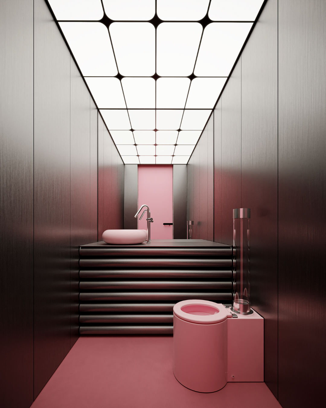 Sculptural pink loo and basin in bathroom
