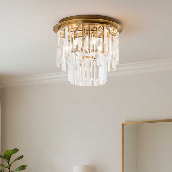 Image of Onega 3 Light Antique Brass & Glass Flush Ceiling Light