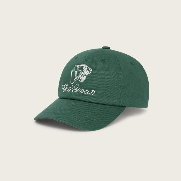 The Baseball Hat. Graphic -- Green by THE GREAT. F25 D1 ACCESSORIES is a green cotton cap with vintage-style embroidery of a roaring panther and "The Great" on the front.