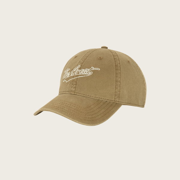 The Baseball Hat in khaki by THE GREAT. PF26 features white “The Great” embroidery on the front and is shown against a plain white background.