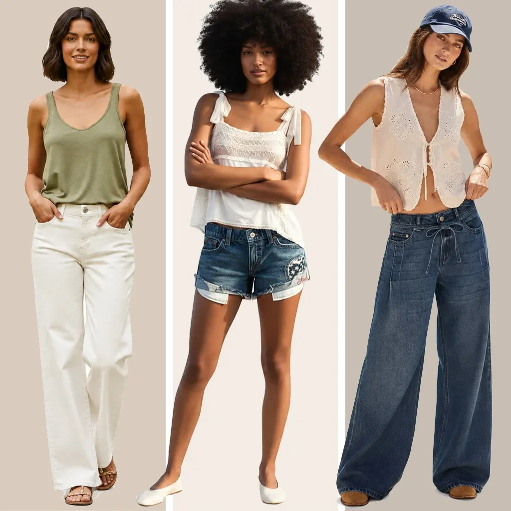 Three women modeling casual summer outfits featuring tank tops, shorts, and jeans from Lucky Brand's Fresh collection.