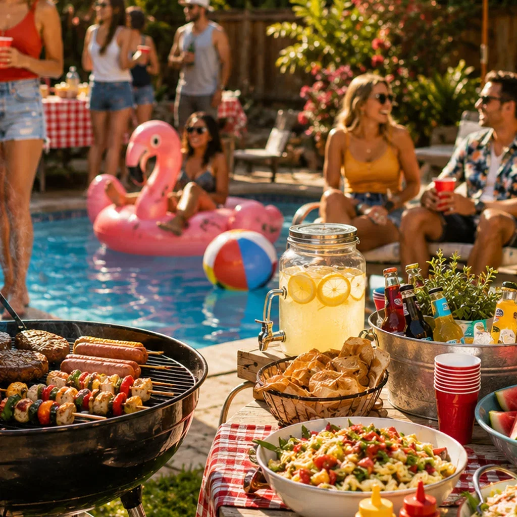 Backyard pool party with grill, lemonade, and guests enjoying summer celebration