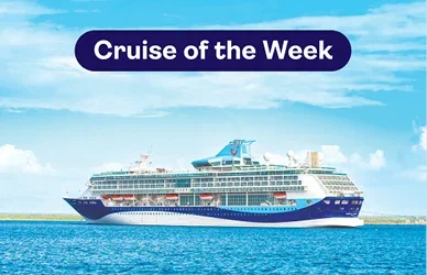 Marella cruise ship at sea under blue skies with “Cruise of the Week” banner above.