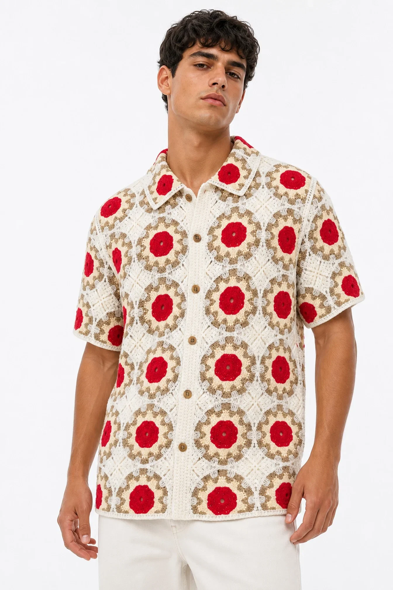 Image of Medallion Crochet Short Sleeve Button Down Shirt