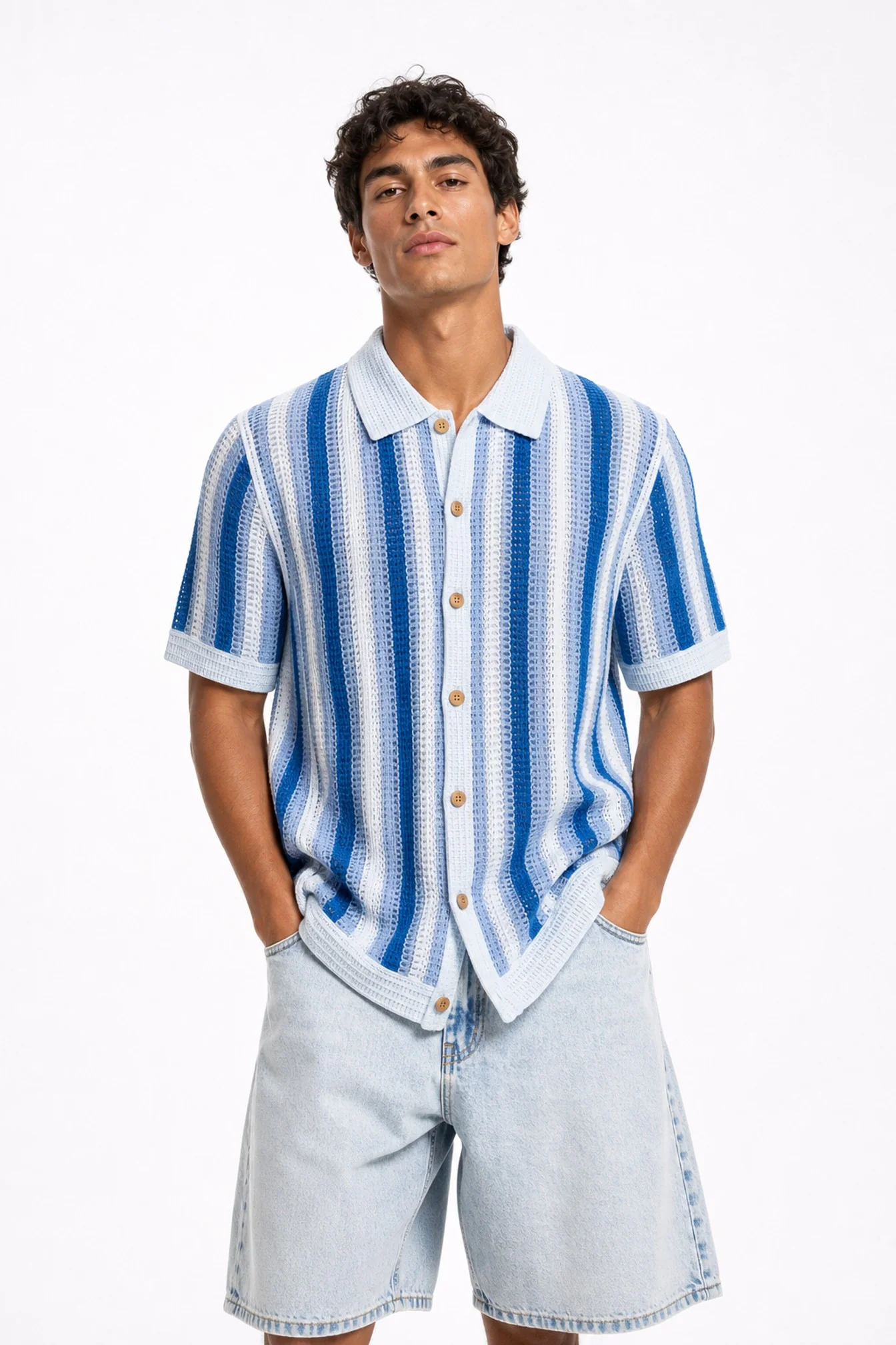 Image of Striped Open Knit Button Down Shirt