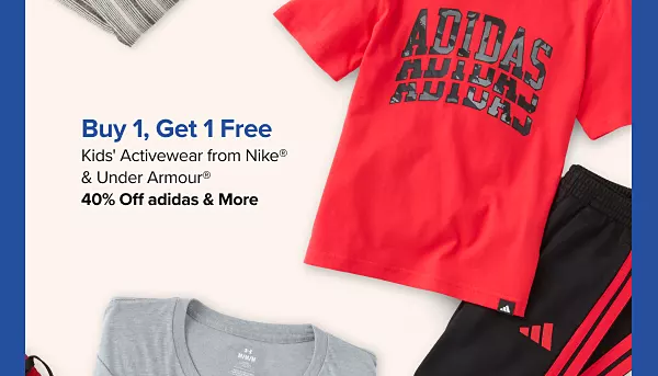 Buy one, get one free kids activewear from Nike and Under Armour. Plus, 40% off adidas and more. Shop now. A red athletic shirt and black sweatpants.