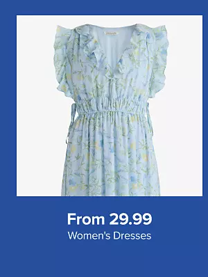 From 29.99 womens dresses. Shop now. A blue dress with flower prints on it.