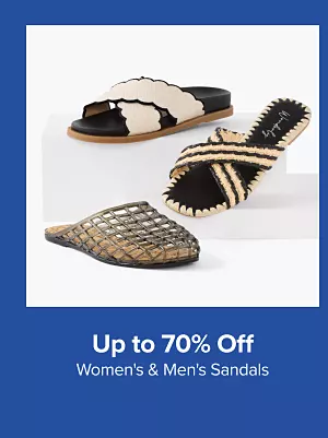 Up to 70% off womens and mens sandals. Shop now. Various pairs of sandals.