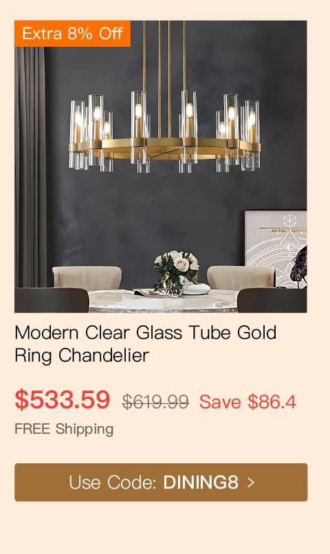 Modern Clear Glass Tube Gold Ring Chandelier