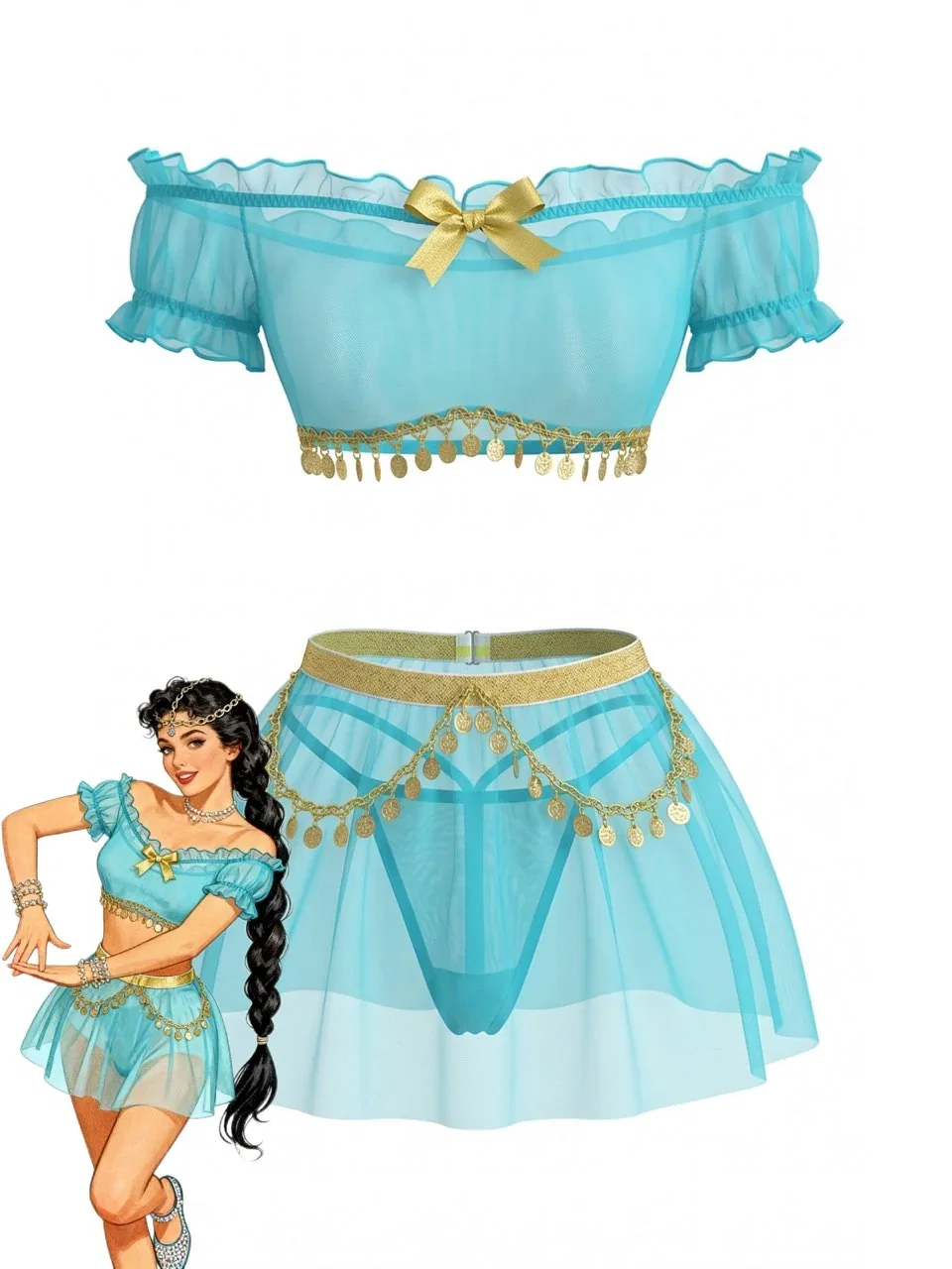 Blue 1950s Sheer Off Shoulder Bow Mesh Pajama Set