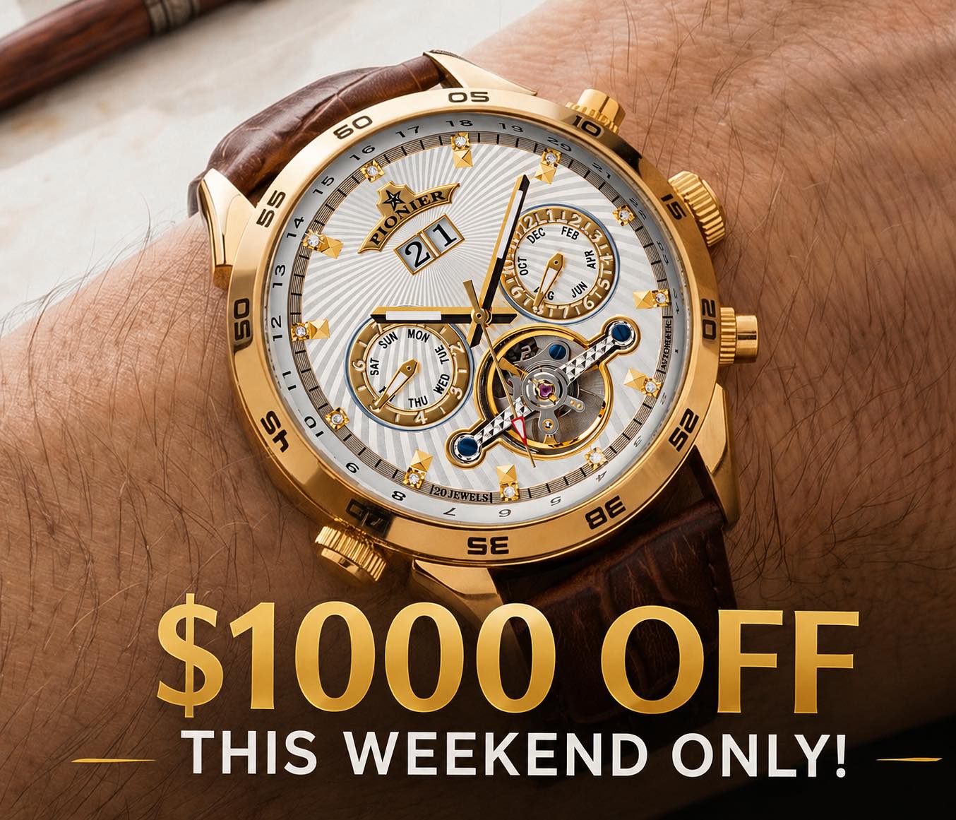 White dial watch with gold case and leather band.