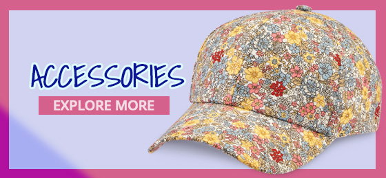 A banner promoting stylish accessories at Potpourri Gift, featuring a fun, floral, baseball cap and a shop now button to browse all accessories.