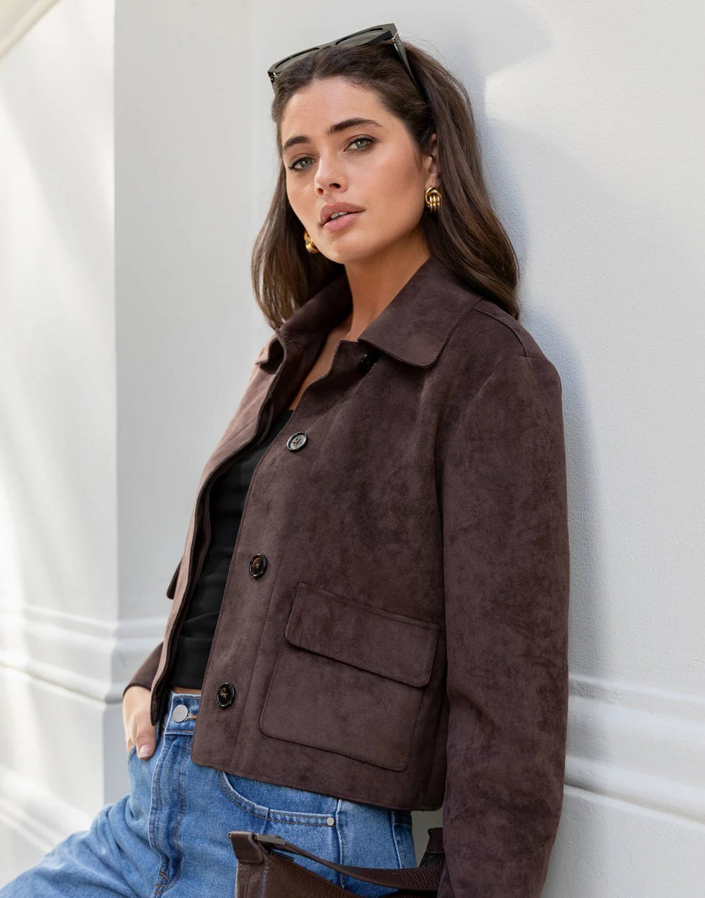 Exhibit Mock Suede Button Front Cropped Jacket - Chocolate