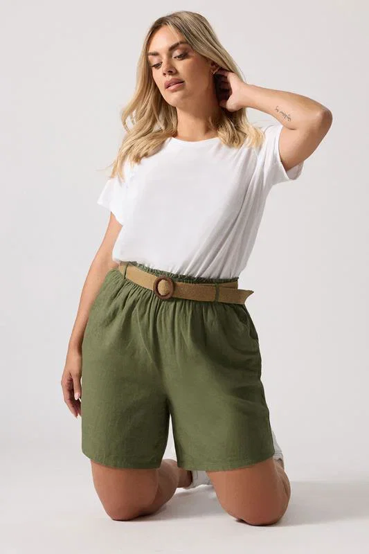 Image of YOURS  Leinenshorts in Khaki mit GÃ¼rtel