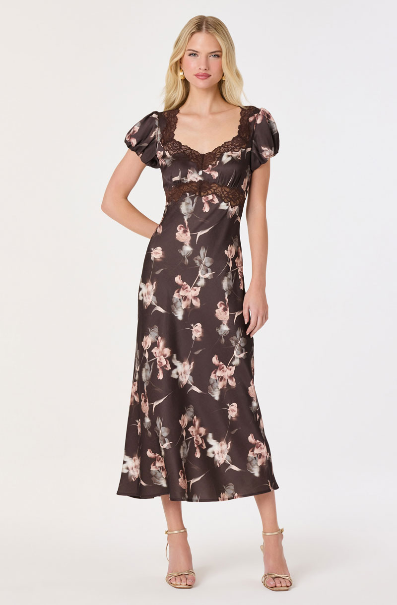 Woman Wearing Puff Sleeve Satin Midi Dress