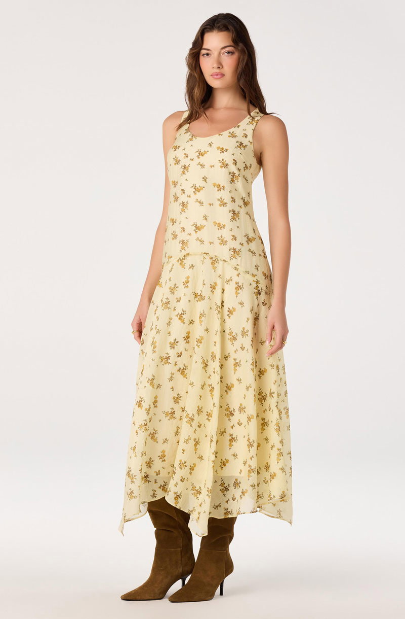 Woman Wearing Floral Drop-Waist Maxi Dress