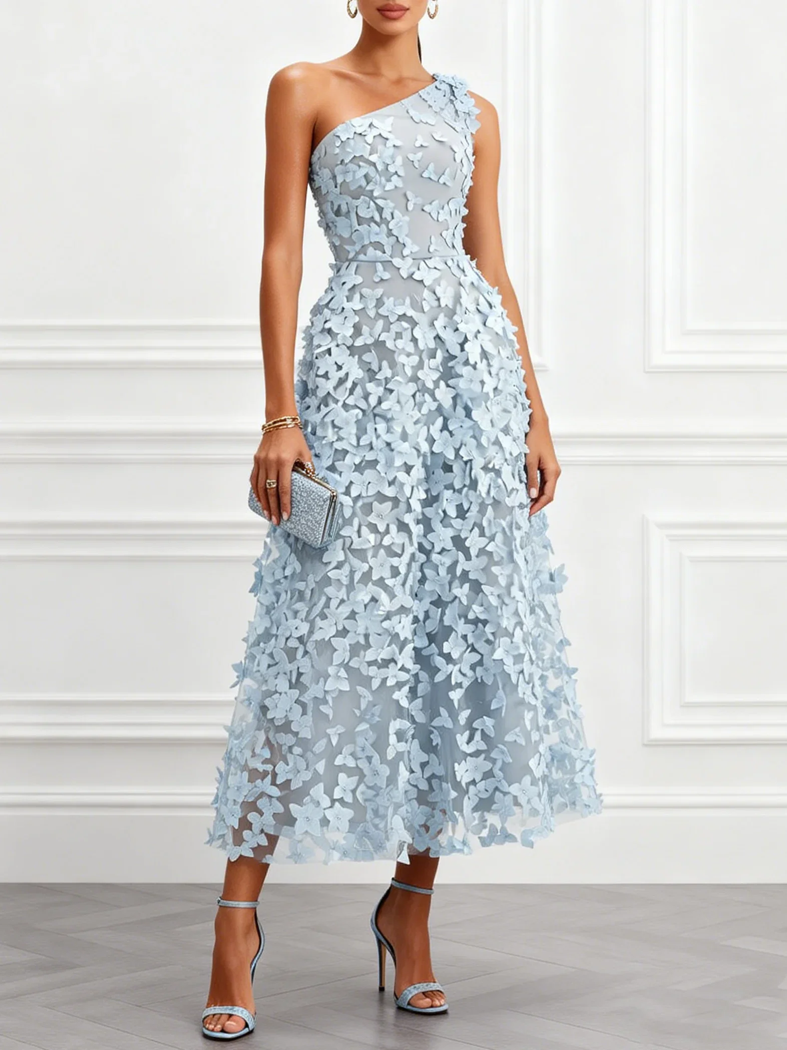 Light Blue 3D Floral Appliqué Classic One Shoulder Sleeveless A-Line Midi Dress