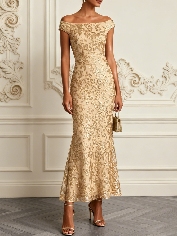 Champagne Jacquard Bone Lace Off The Shoulder Short Sleeve Mermaid Maxi Dress