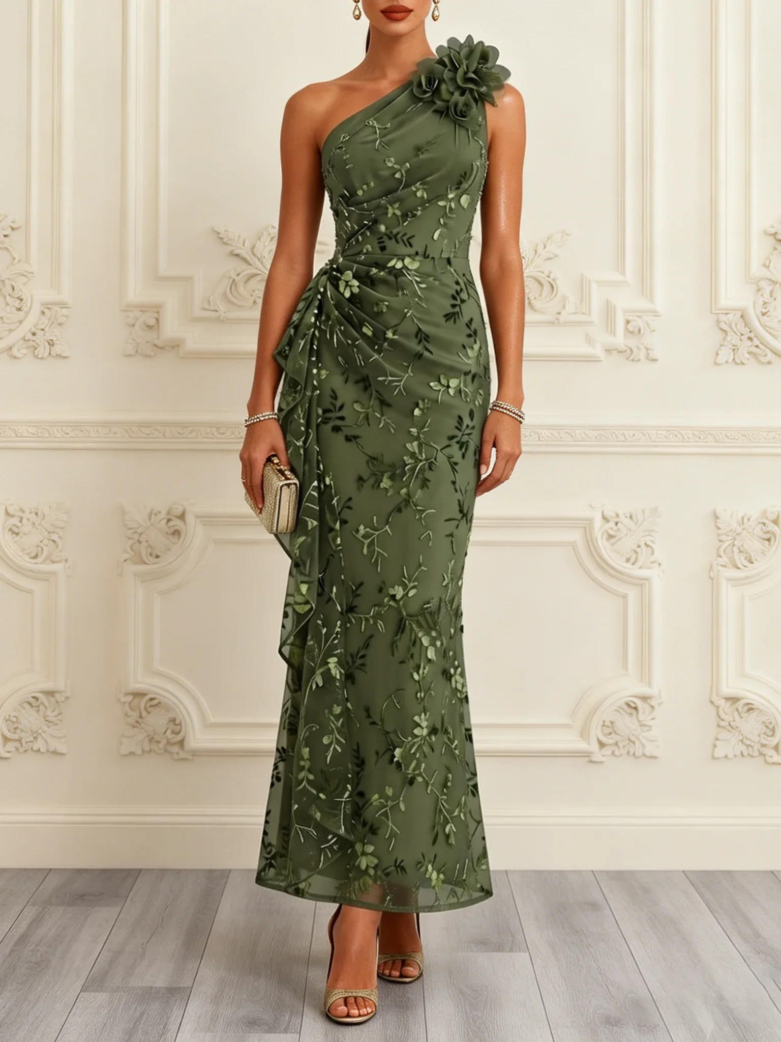 Army Green 3D Floral Ruffled Classic One Shoulder Sleeveless Mermaid Maxi Dress