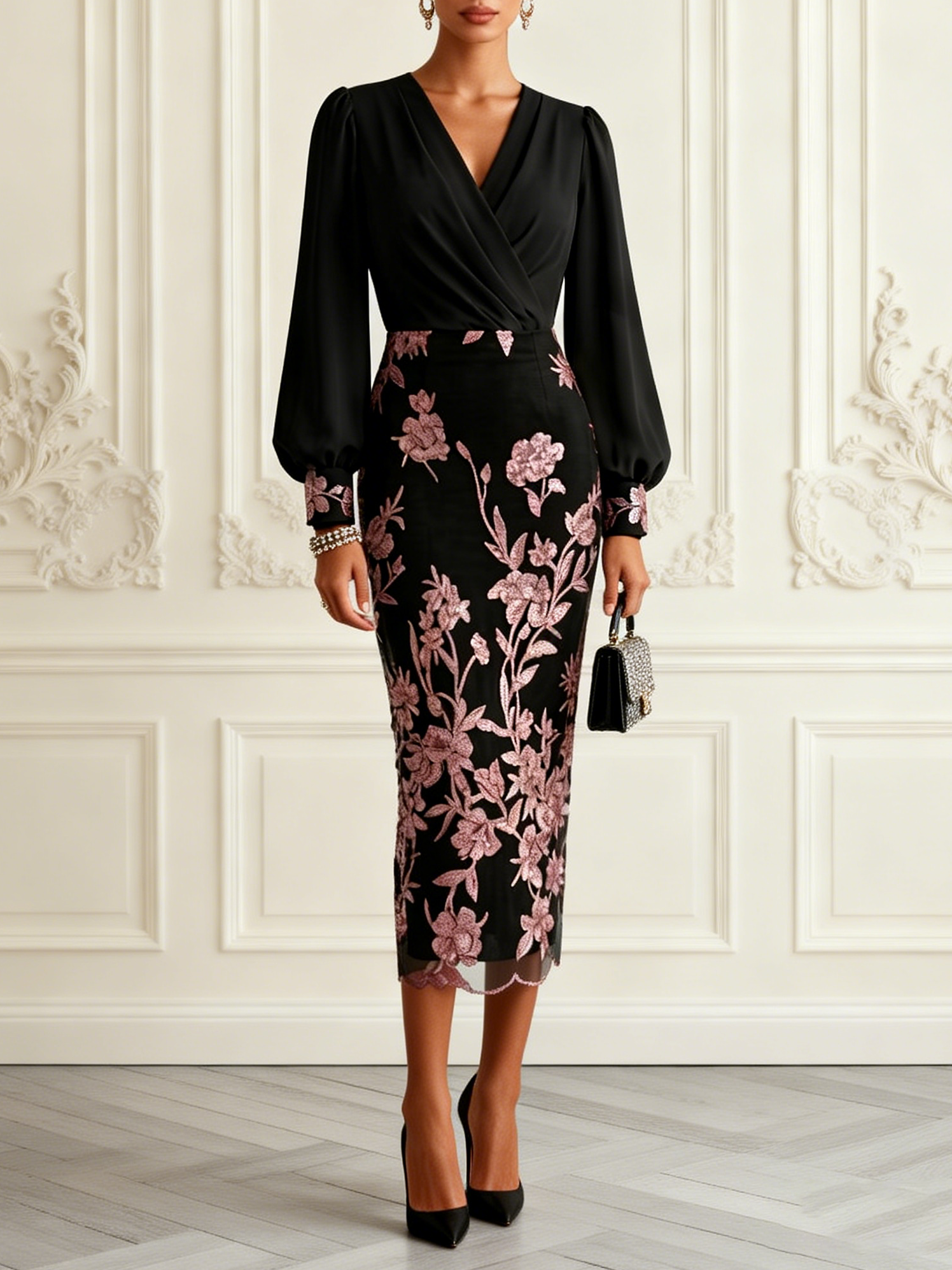 Black Embroidery Chiffon V Neck Long Sleeve Balloon Sleeve Sheath Midi Dress