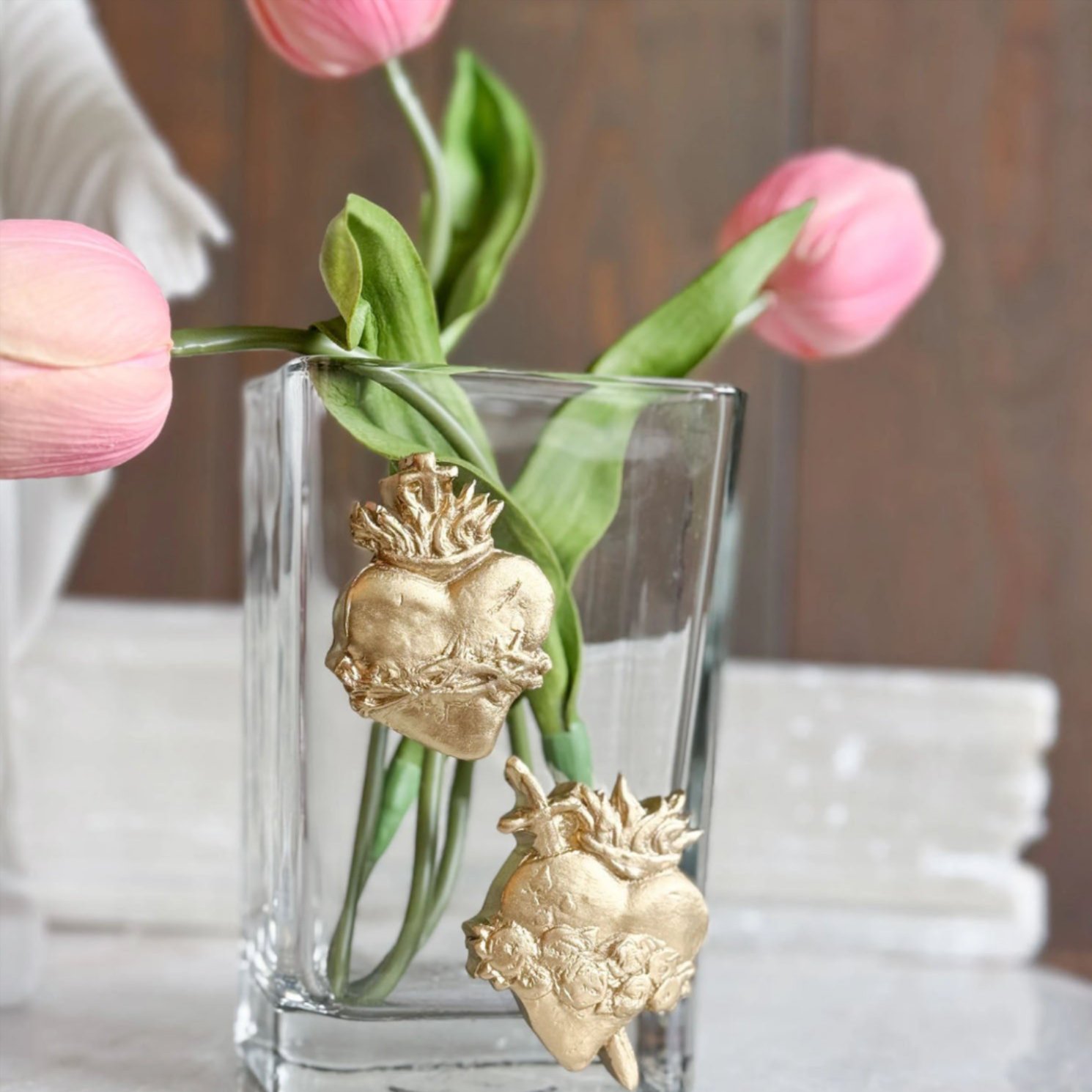 Gold Sacred Heart & Immaculate Heart Glass Vase