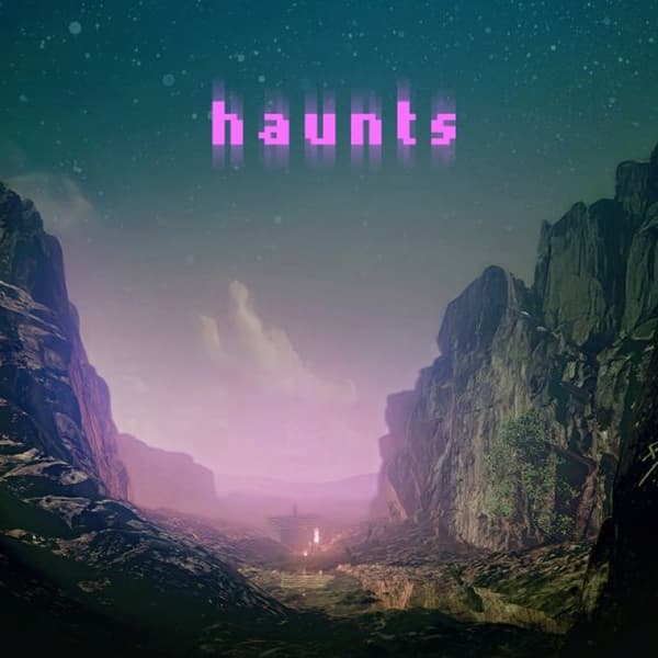 virtual reality poster of rocky valley with word 'haunts' in neon pink