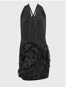 Black Stretch Metallic Halter Dress With Deep V-Neck Line