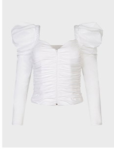 Long Puff Sleeve Shirt With Sweetheart Neckline and Allover Ruching