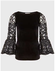 Black Velvet Stretch Pullover Shirt With Boat Neckline & Sheer Lace Sleeves
