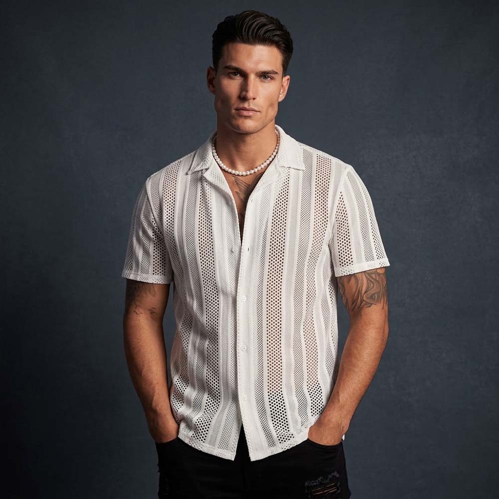 Image of Street Casual Hollow Out Knit Short Sleeve Shirt
