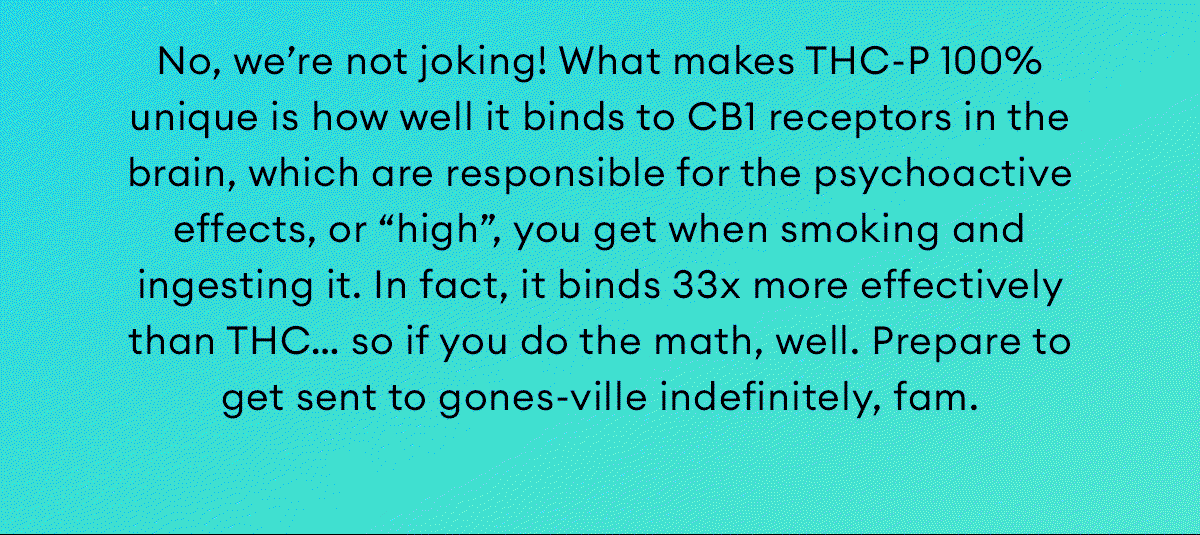 No, we’re not joking! What makes THC-P 100% unique is how well it binds to CB1 receptors in the brain, which are responsible for the psychoactive effects, or “high”, you get when smoking and ingesting it. In fact, it binds 33x more effectively than THC… so if you do the math, well. Prepare to get sent to gones-ville indefinitely, fam.