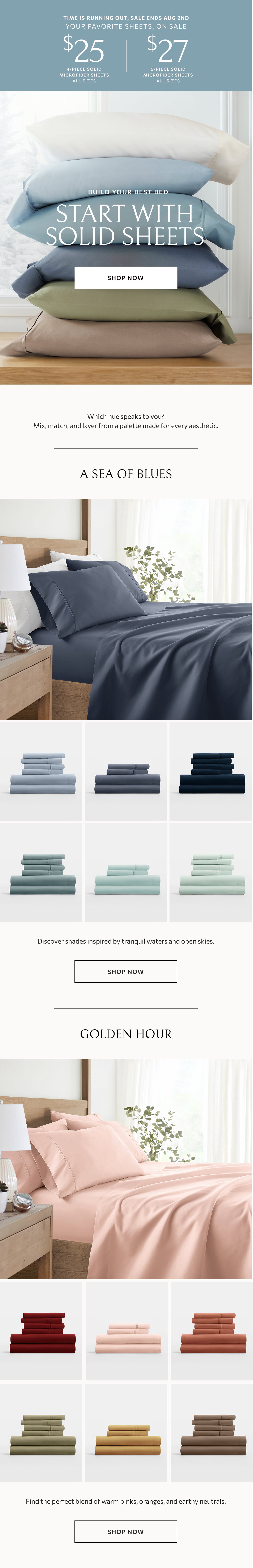 While supplies last - $25 all sizes 4-piece solid sheet sets & $27 all sizes 6-piece solid sheet sets + free shipping & returns.