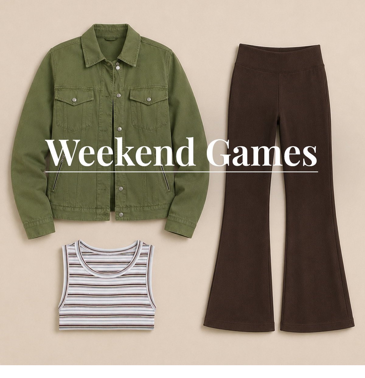 Olive jacket with striped tank and brown flare pants creates a back to school outfit.