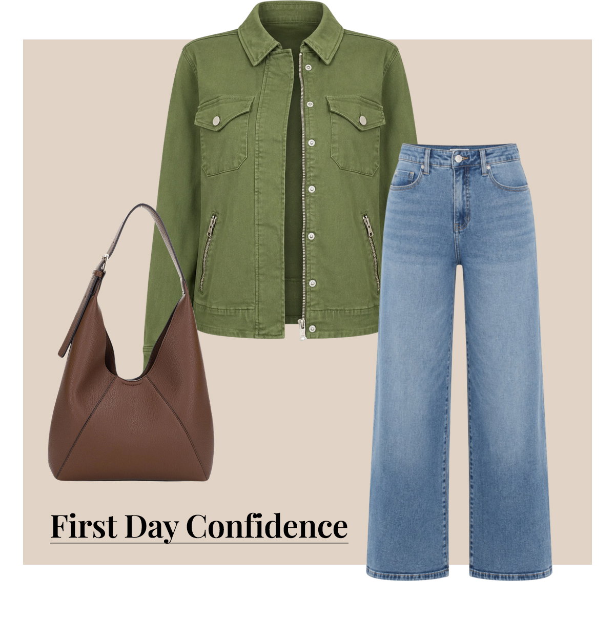 Green jacket with wide leg jeans and brown tote creates a back to school look.