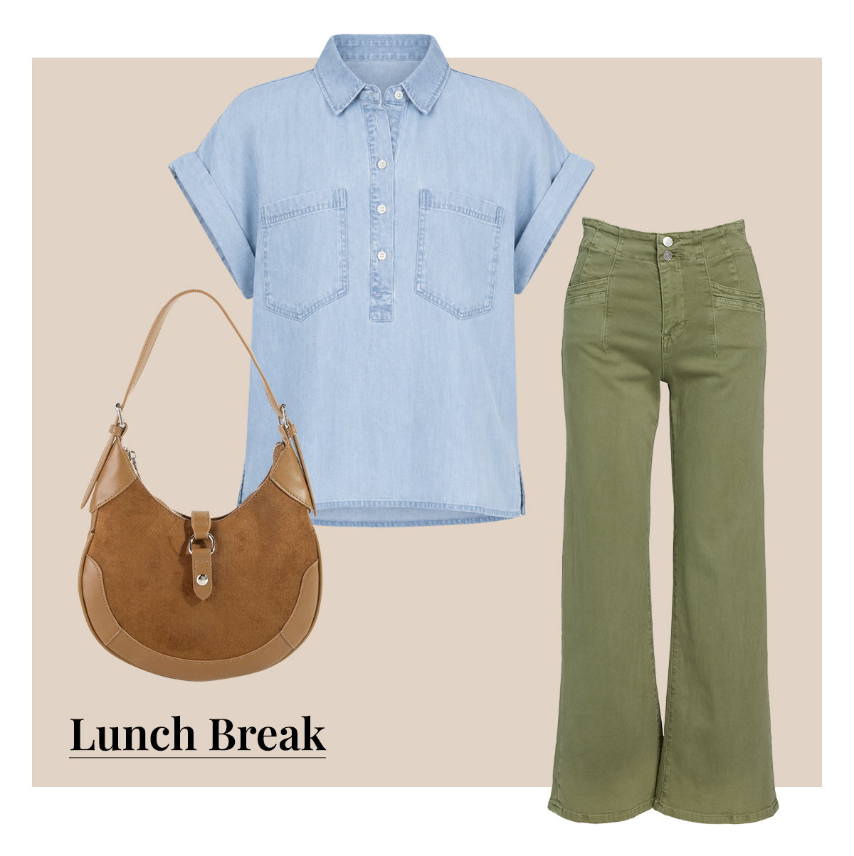 Chambray shirt with olive wide leg pants and brown bag for back to school.