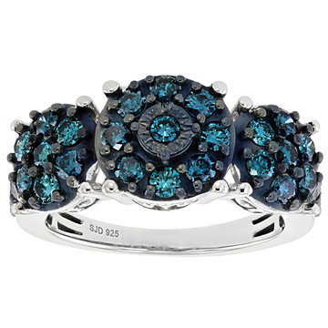 Blue Diamond Rhodium Over Sterling Silver Cluster Ring 1.25ctw