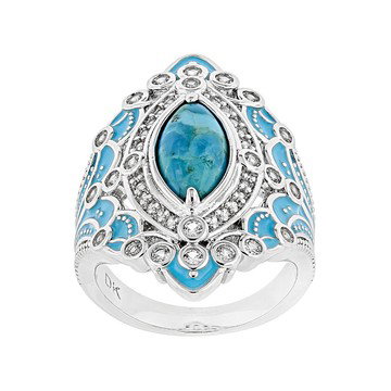 Blue Composite Turquoise With White Lab Created Sapphire Rhodium Plated Ring 0.73ctw