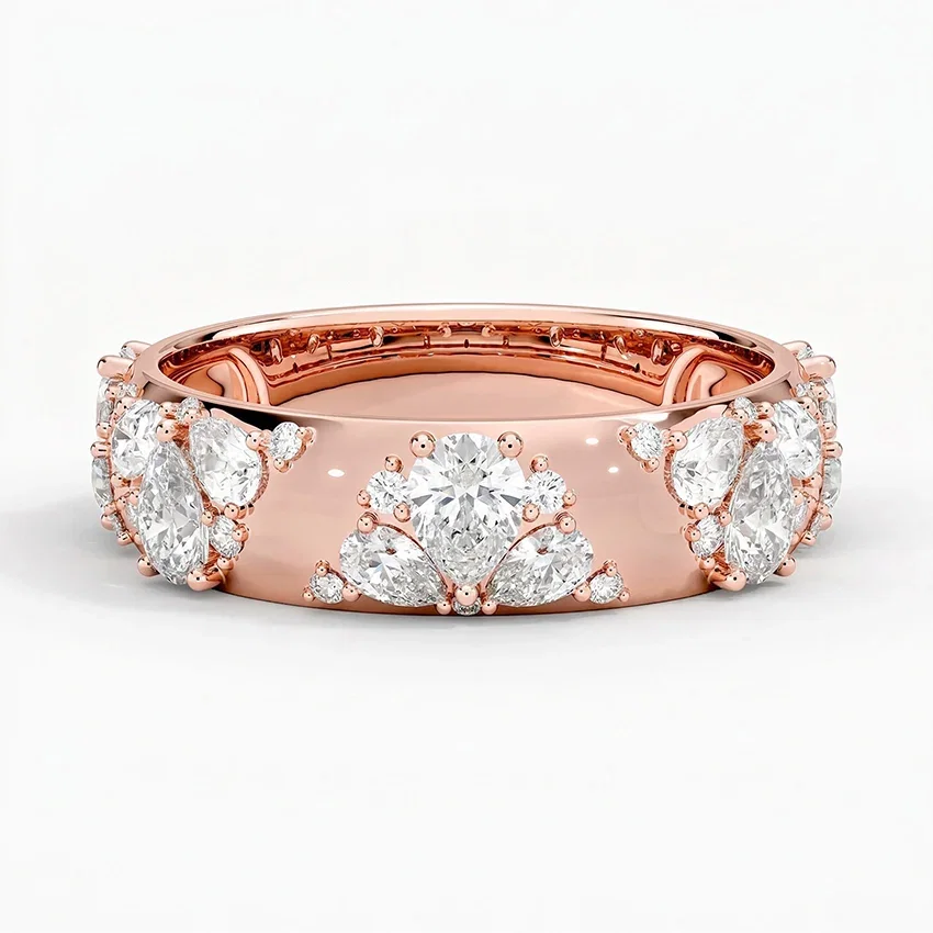 14K Rose Gold Mosaic Lotus Pear and Round Diamond Ring